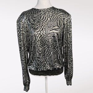 Vintage Judy Bond Black Gold Animal Print Metallic Blouse Medium